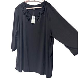Catherines AnyWear Blouse 2X 22/24W Black 3/4 Sleeve Top Tunic Cutout Neck NWT
